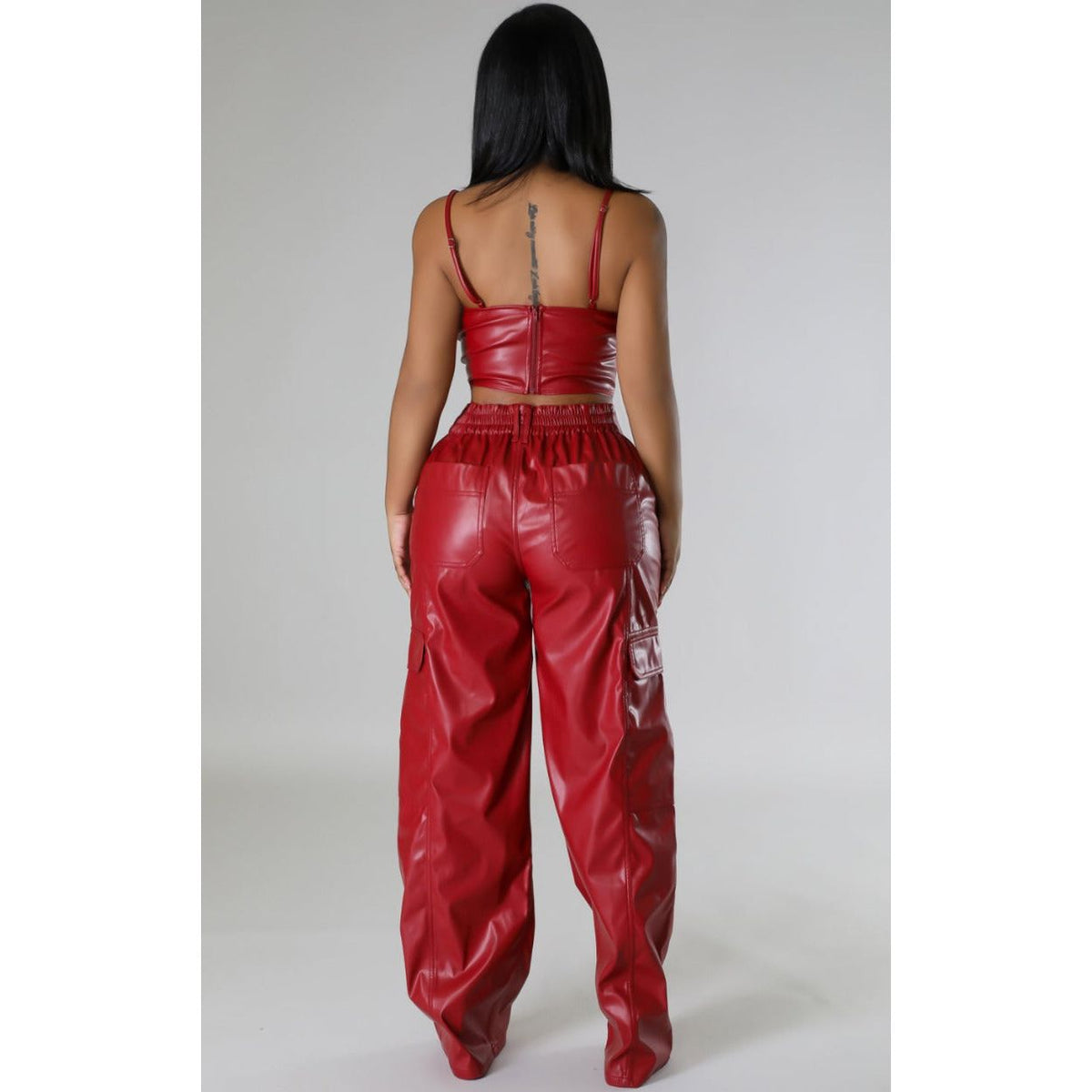 Red Two-Piece Vegan Leather Pants Set