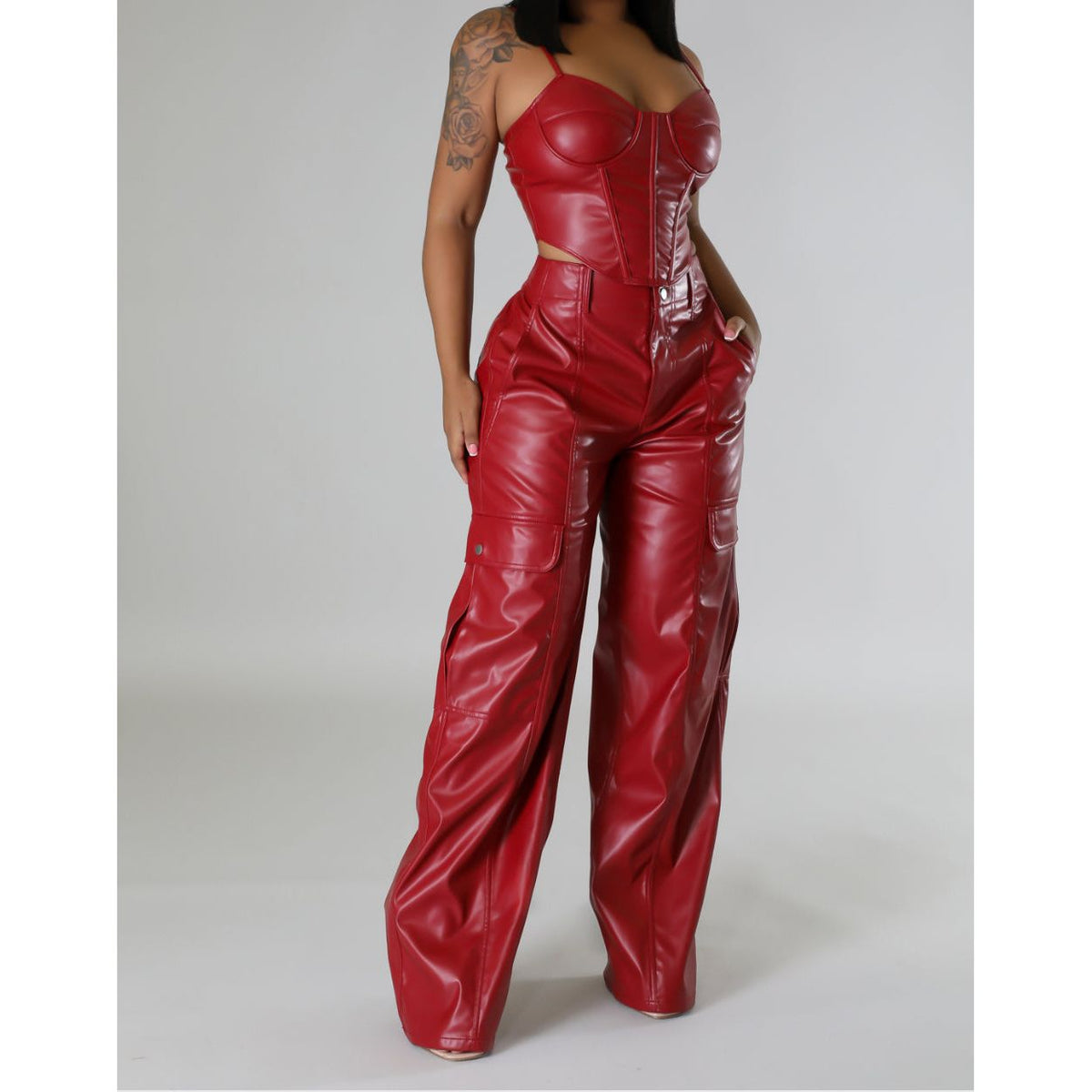 Red Two-Piece Vegan Leather Pants Set