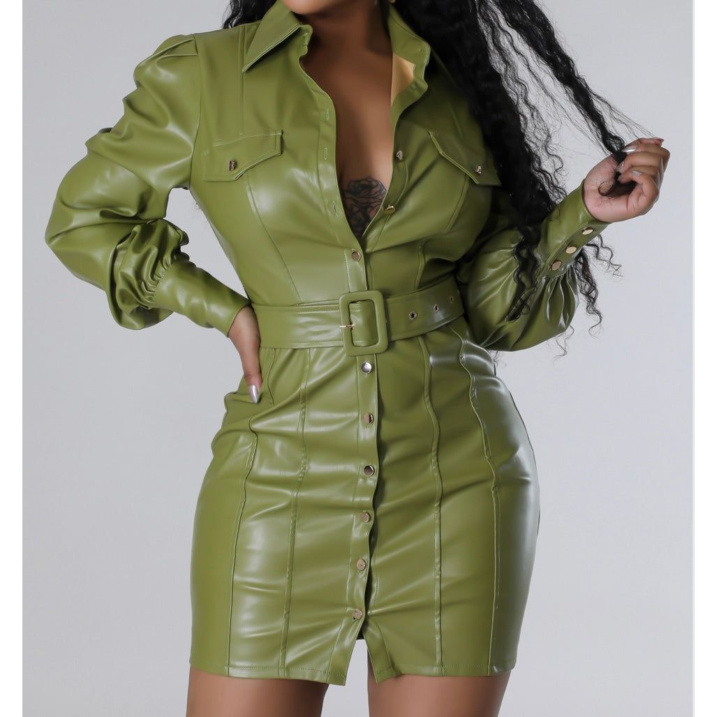 Vegan Leather Button Up Dress- Avocado